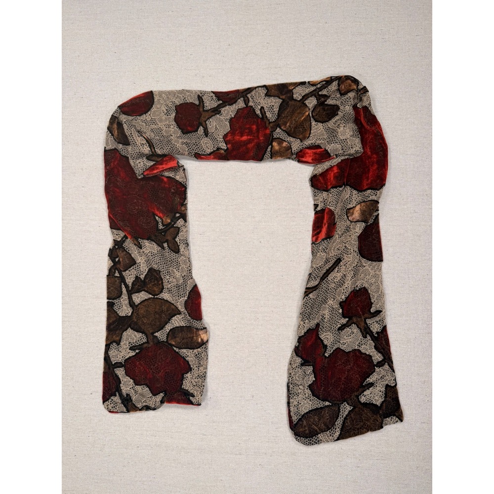 Red Brown Floral Burnout Velvet Mesh Scarf Rectangular Sheer Rose Wrap